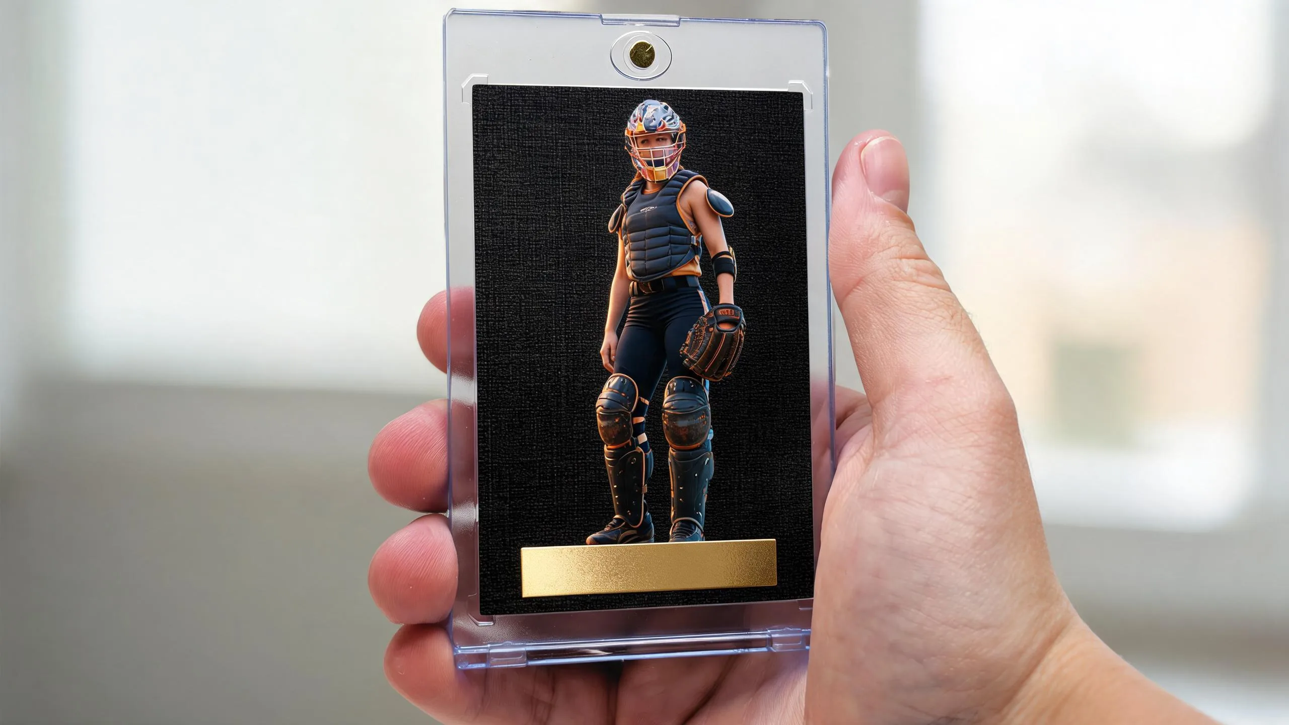 Hand holding a magnetic case with a premium dark foil trading card, des moines card shop.