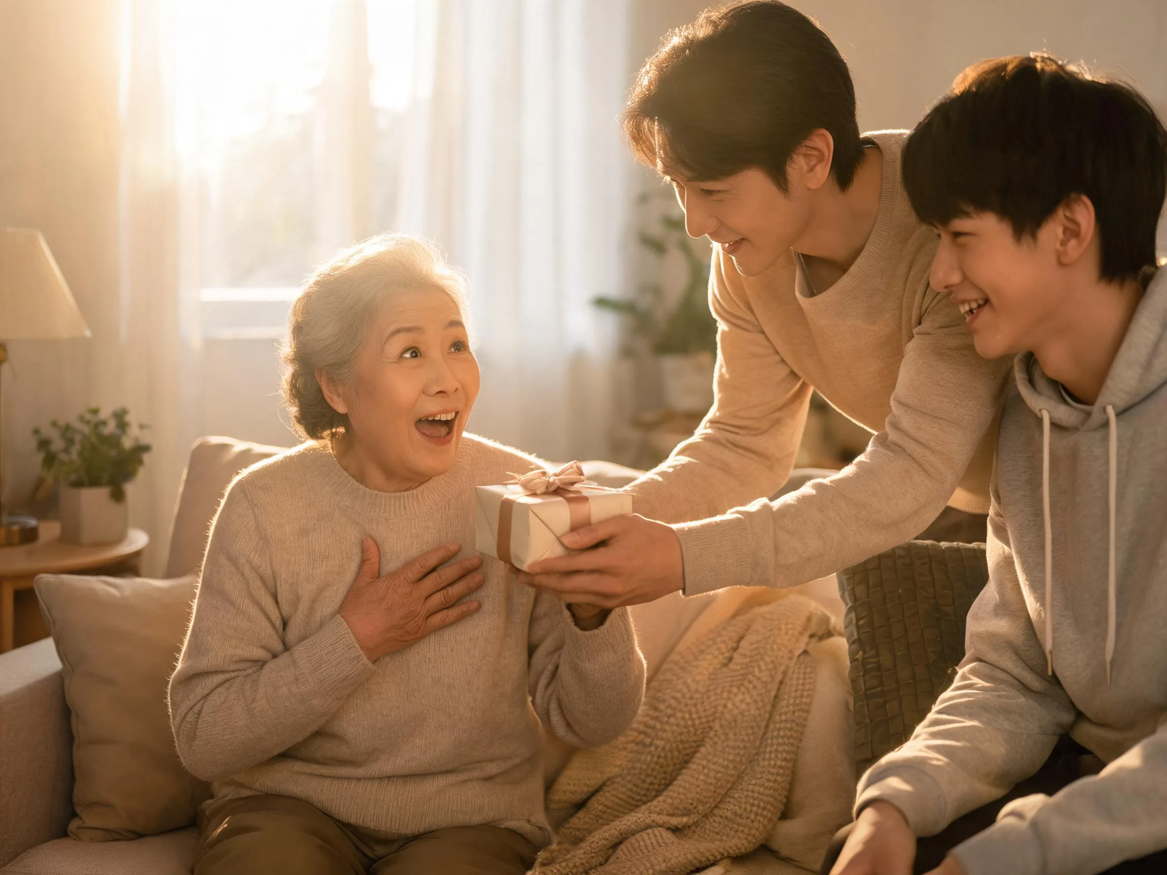 Older adult reacting with joyful surprise while being handed an unexpected wrapped gift.