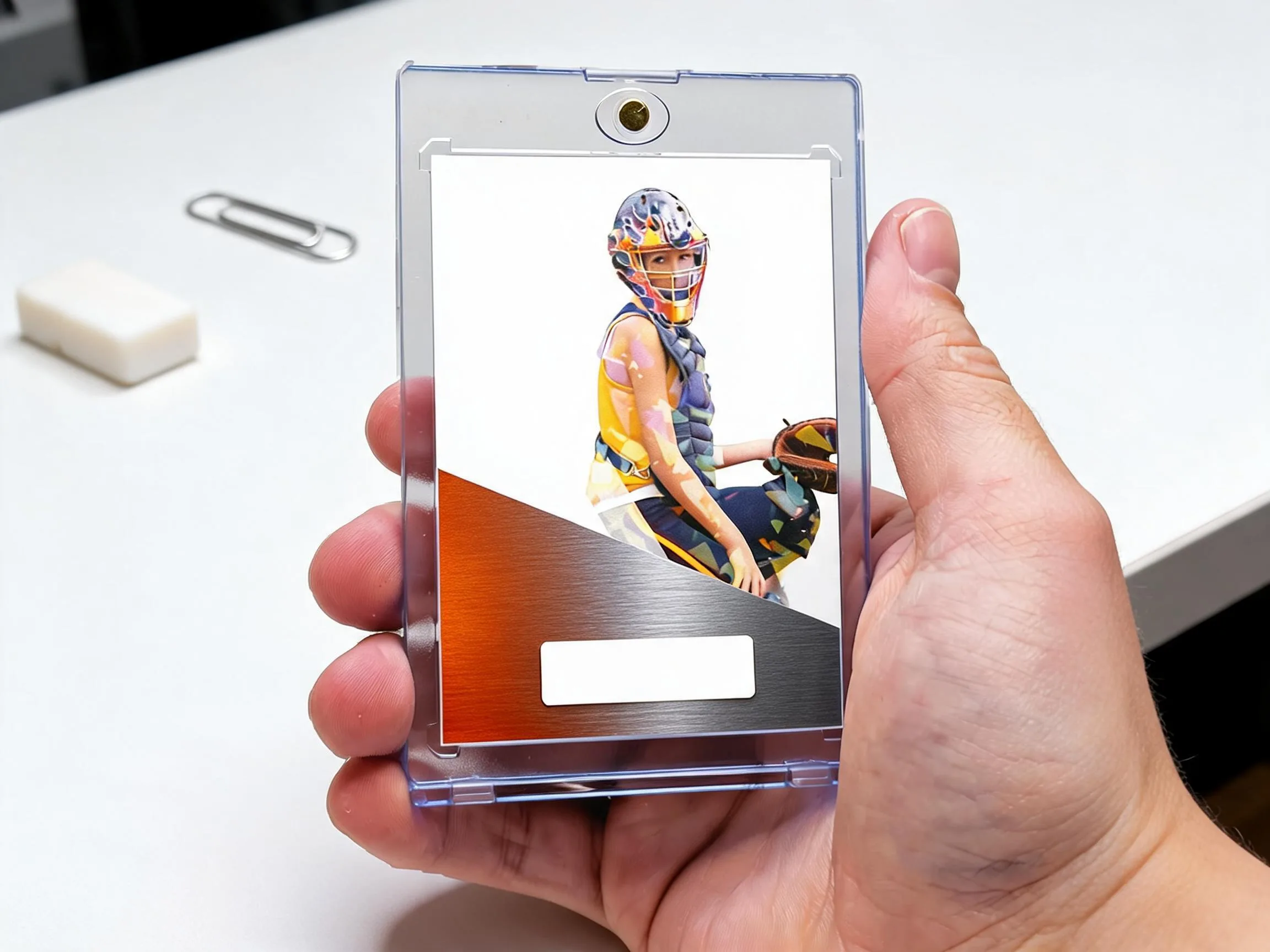 Custom keepsake trading card in a magnetic case with a bold metallic diagonal band.