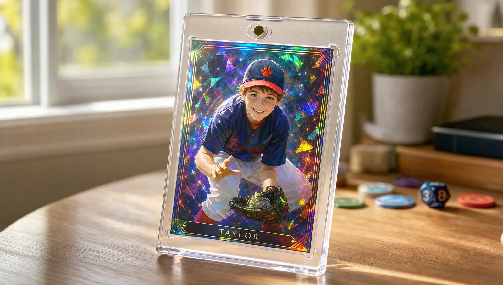 Custom design a pokemon trainer card shown in a clear magnetic display case