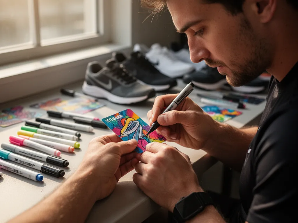 Trainer's hands designing custom card with art supplies and concentrated facial expression shown in detail