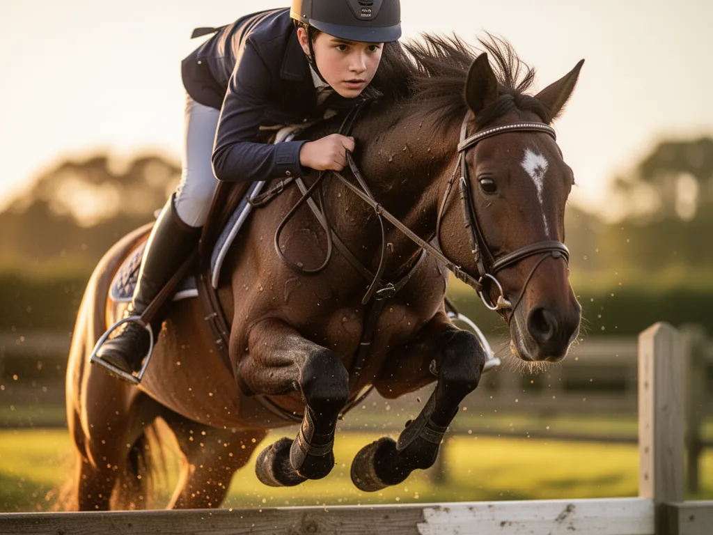 Close-up of an equestrian rider's focused expression while jumping on horseback during golden hour.