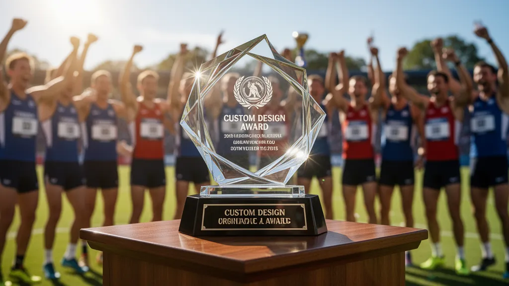 Shiny award plaque on wooden podium with celebrating athletes blurred in sunlit background