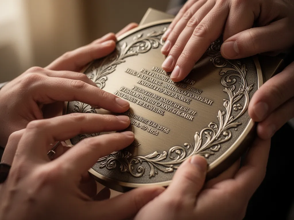 Hands holding polished award plaque showing engraved details with proud expression visible