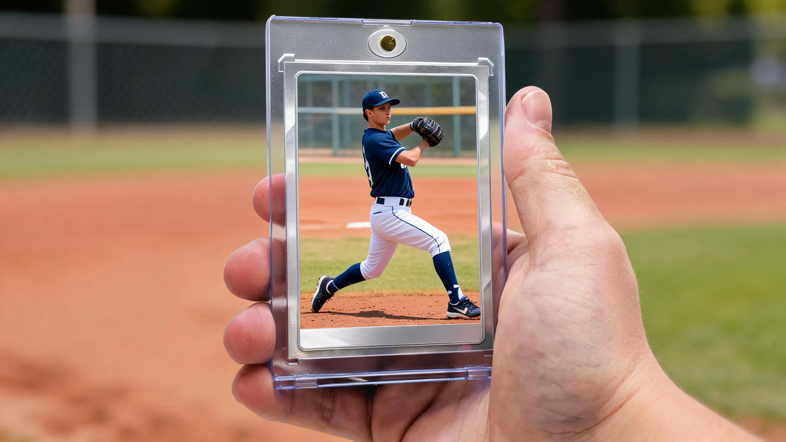 Hand holding magnetic case with custom design baseball cards showing a pitcher mid-windup