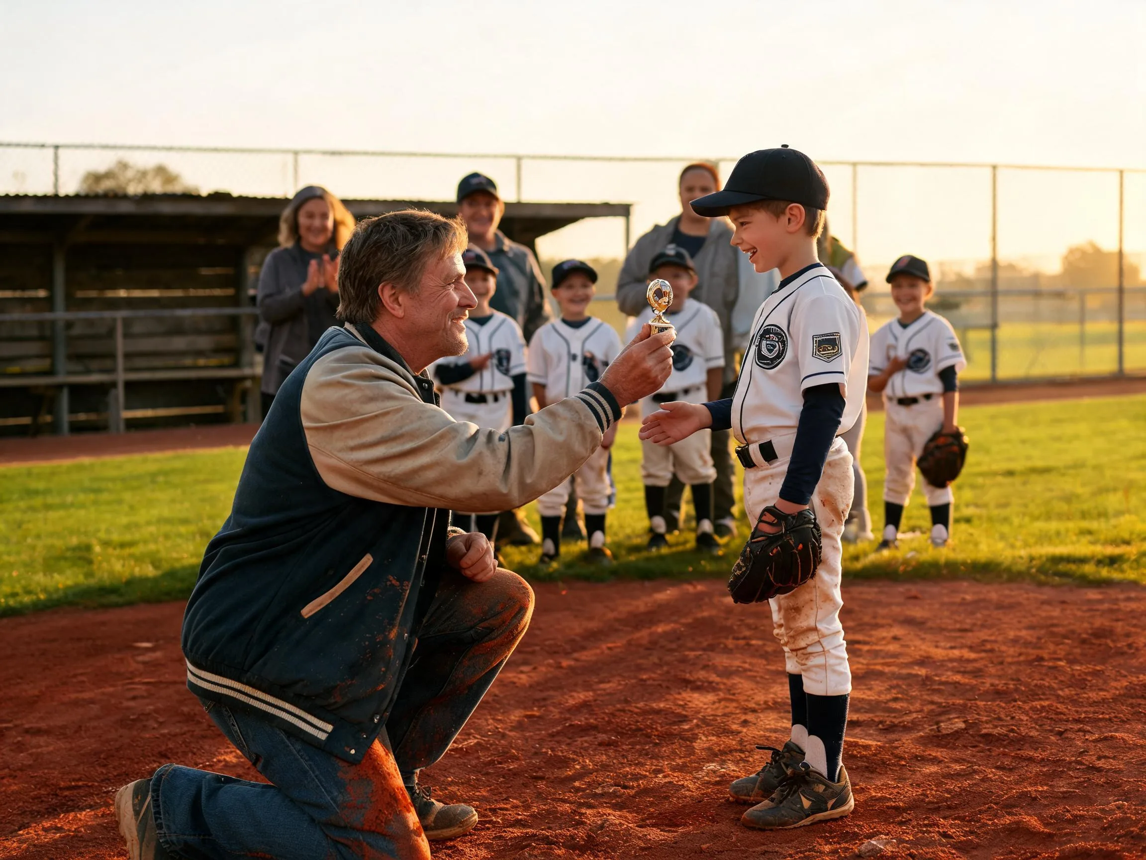 Coach and young baseball player share proud moment on sunlit diamond near dugout