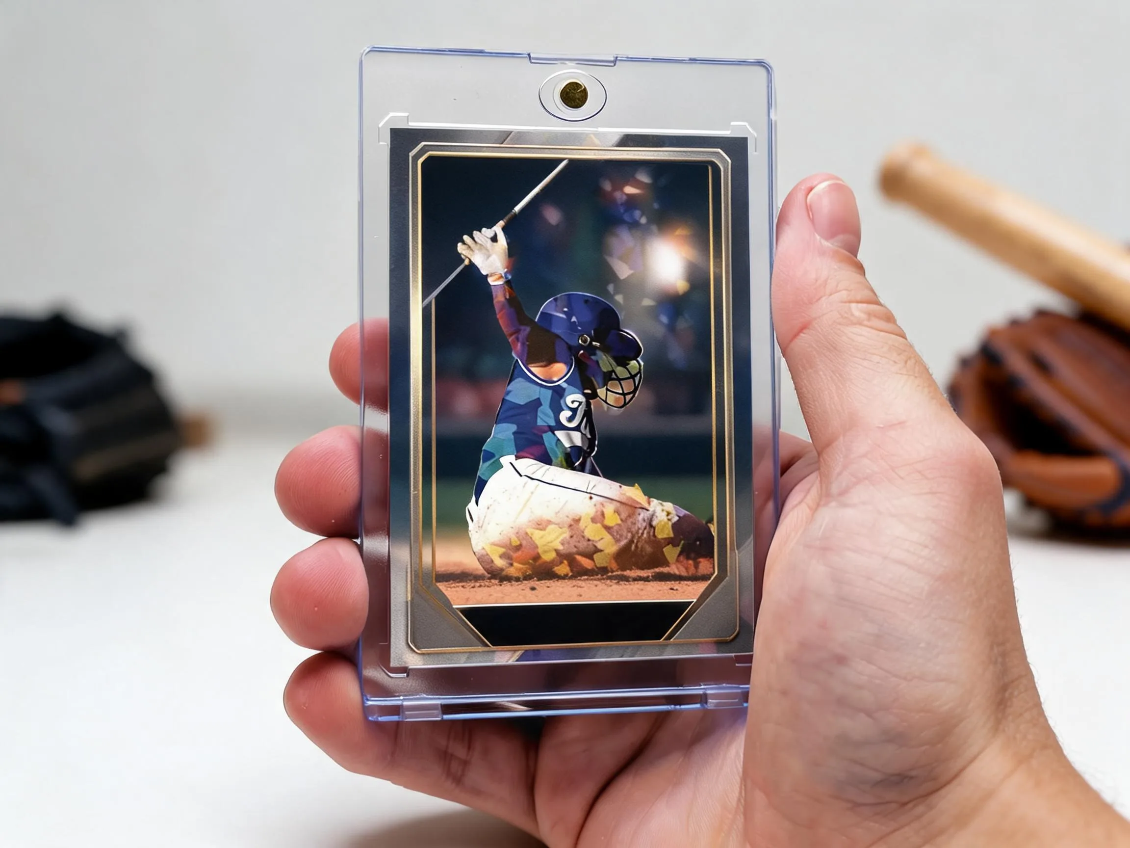 Custom baseball trading card in magnetic case showing batter under stadium lights
