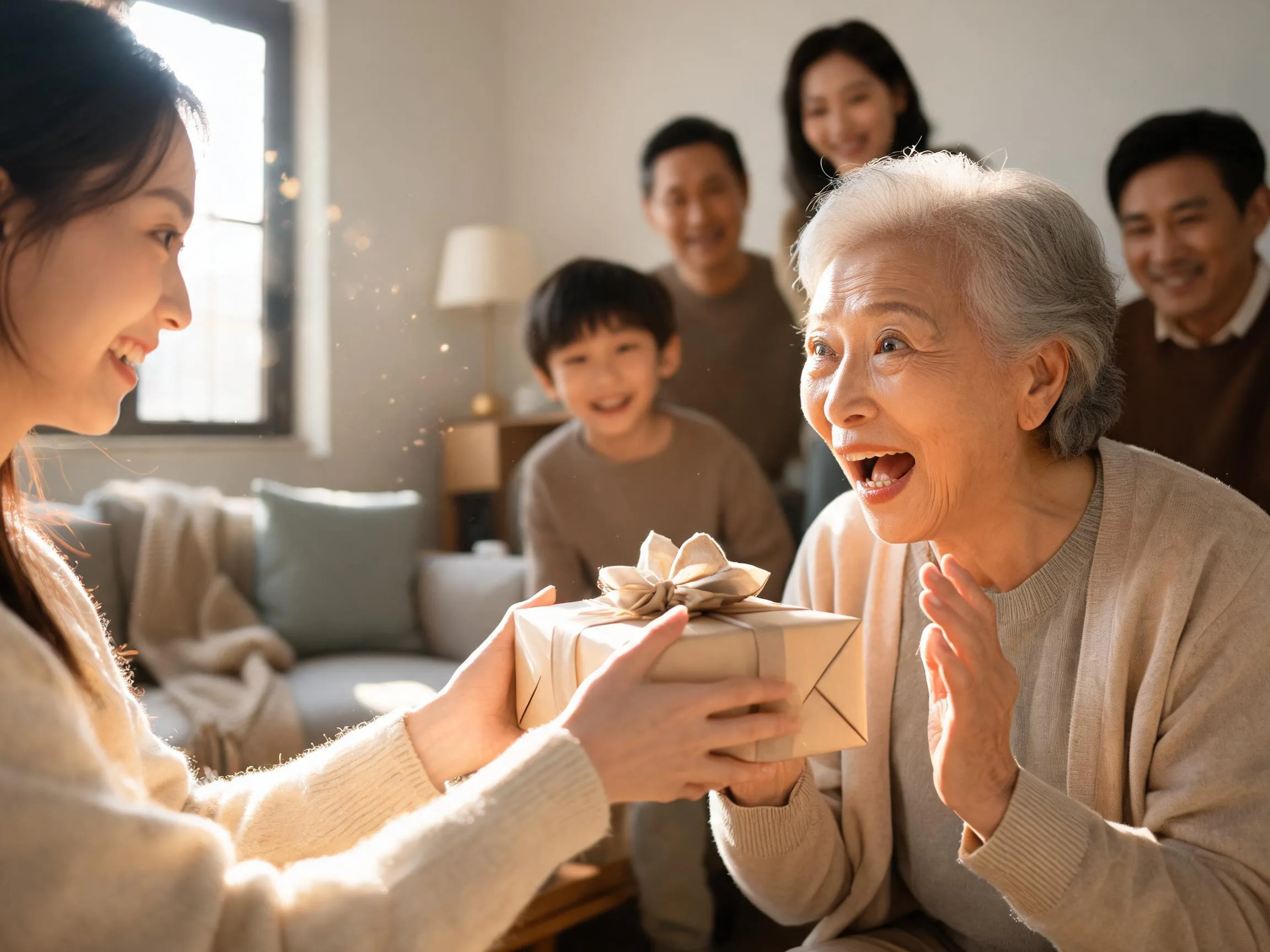 Family member reacting with joyful surprise while being handed an unexpected gift indoors