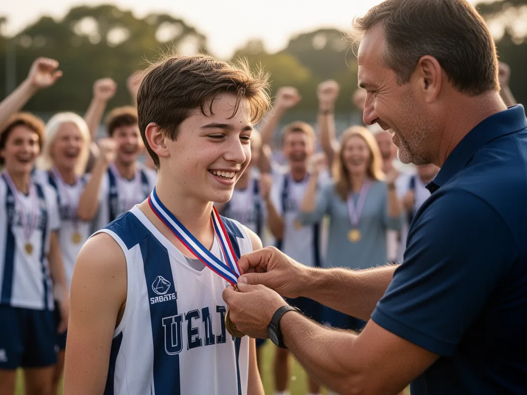 Young athlete smiling while receiving medal from coach with proud family members blurred in celebratory background