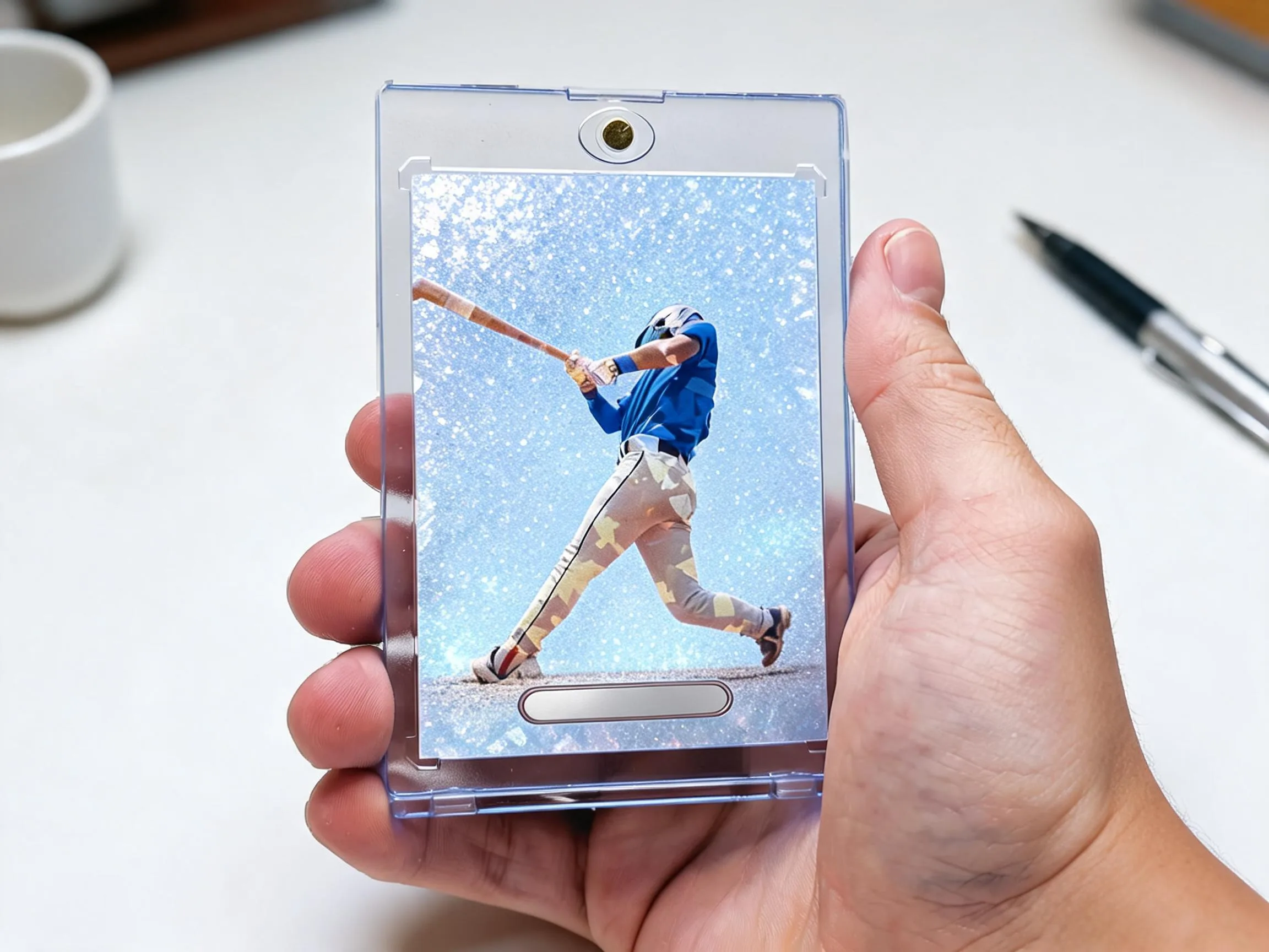 Custom keepsake trading card in magnetic case with icy blue refractor design on table