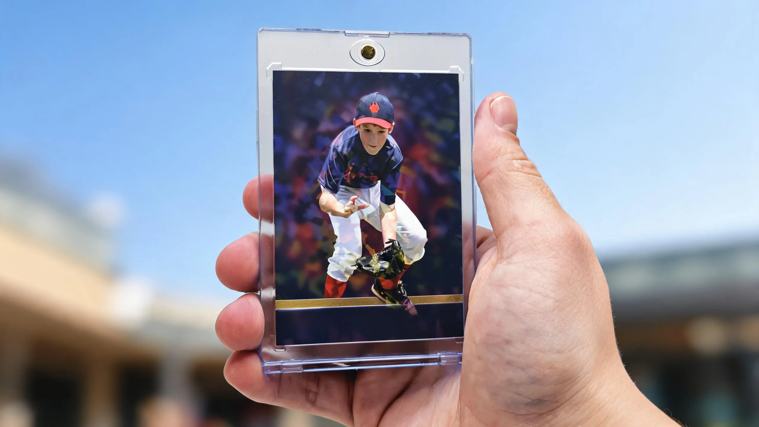 Hand holding magnetic case with custom trading card, showcasing design custom cards service outdoors.