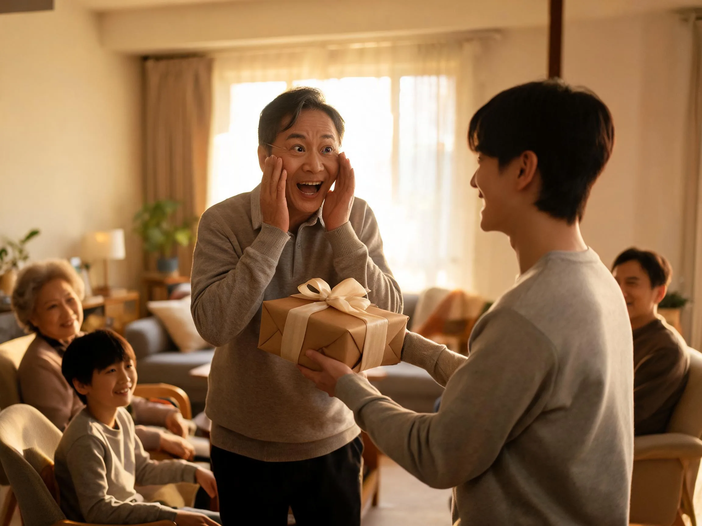 Person reacting with genuine surprise while being handed an unexpected gift indoors.