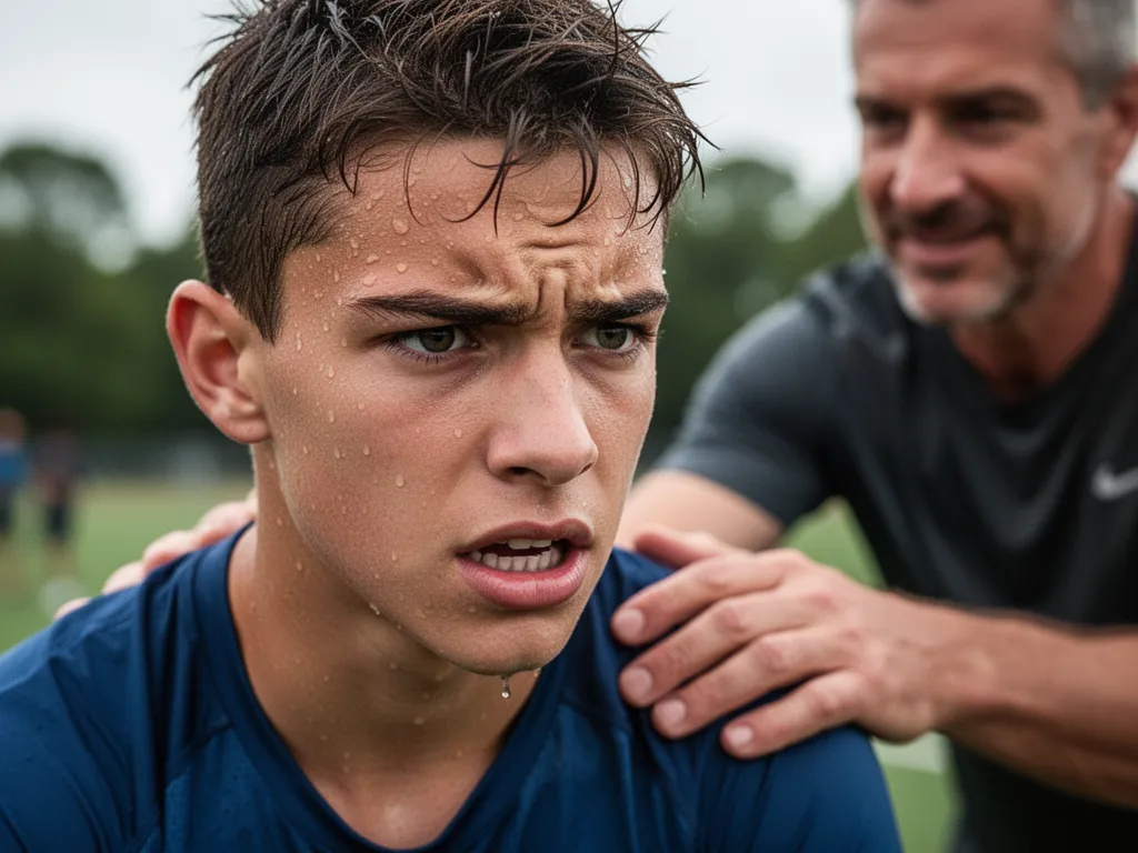 Young athlete's focused expression during training with coach offering supportive guidance nearby