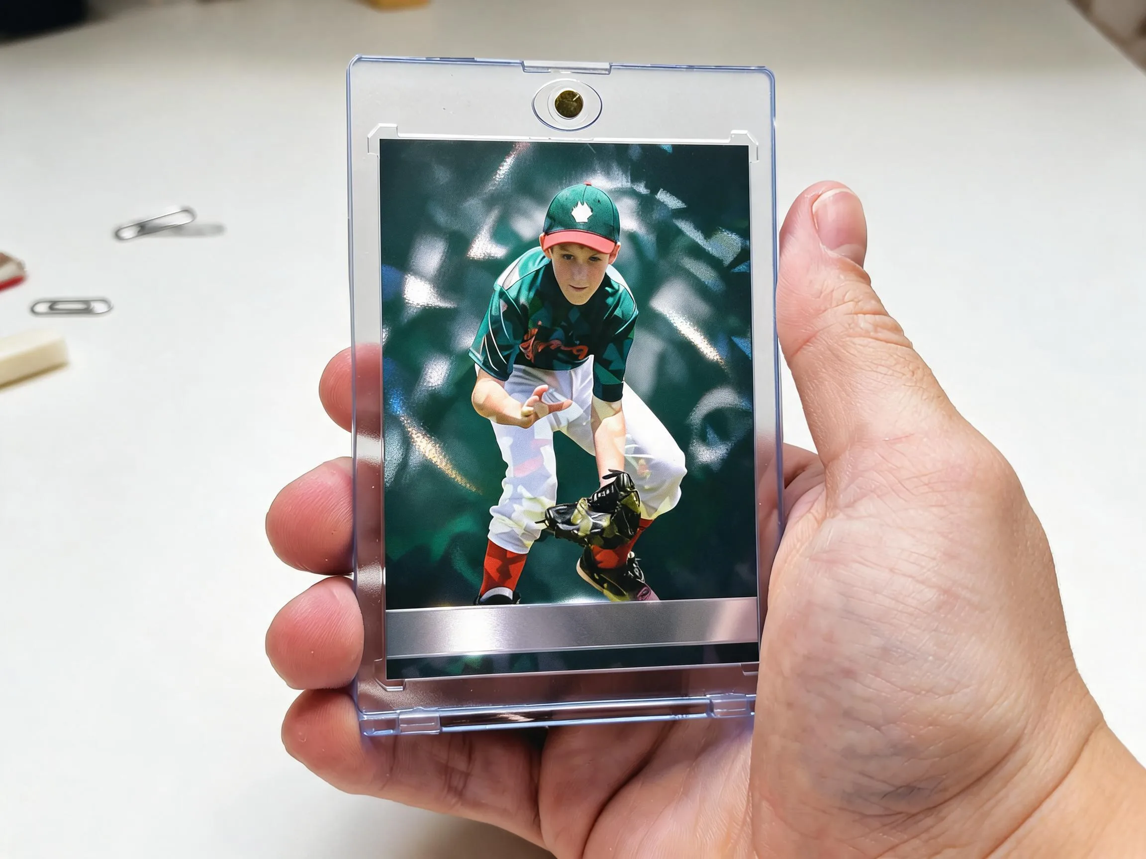 Custom keepsake trading card in clear magnetic case displayed on white tabletop.