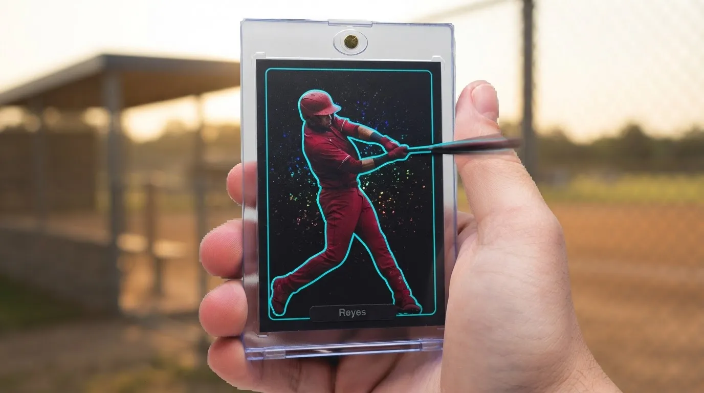 Hand holding magnetic case with a design your own baseball card, dramatic rim-lit batter at dusk.