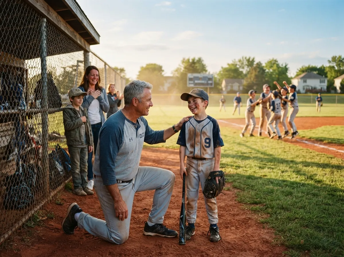 Coach and young athlete share a proud smile on a sunlit baseball diamond.
