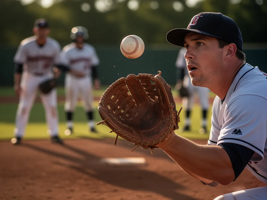 Baseball player's gloved hand catching ball with focused expression during game