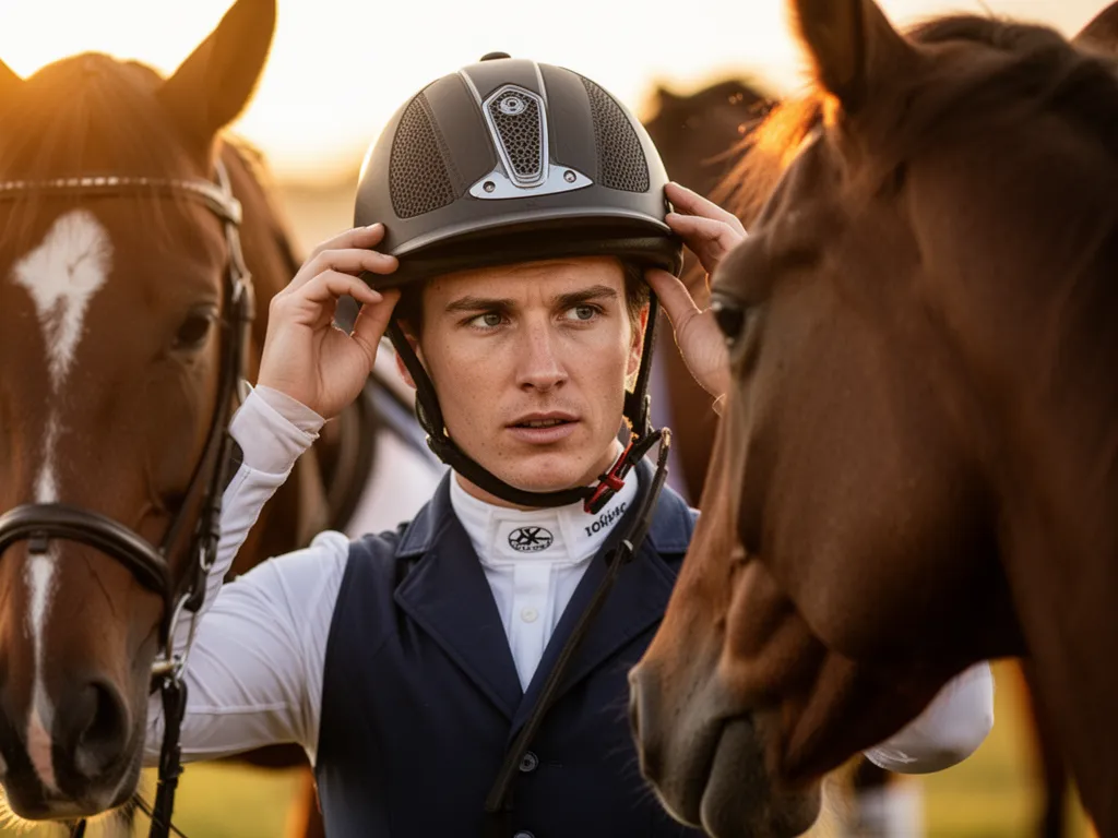 Equestrian rider preparing for competition with focused expression and horse nearby