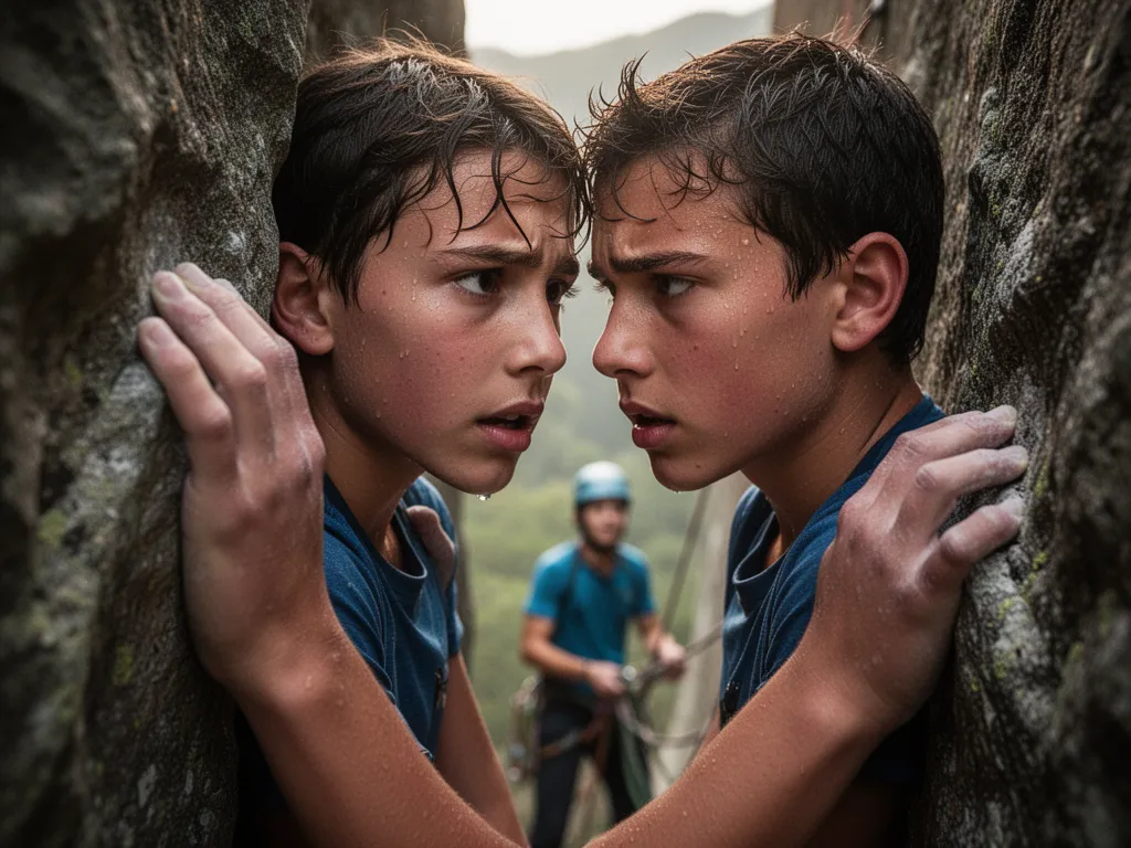 Close-up of focused athlete's face while rock climbing with teammate belaying in background