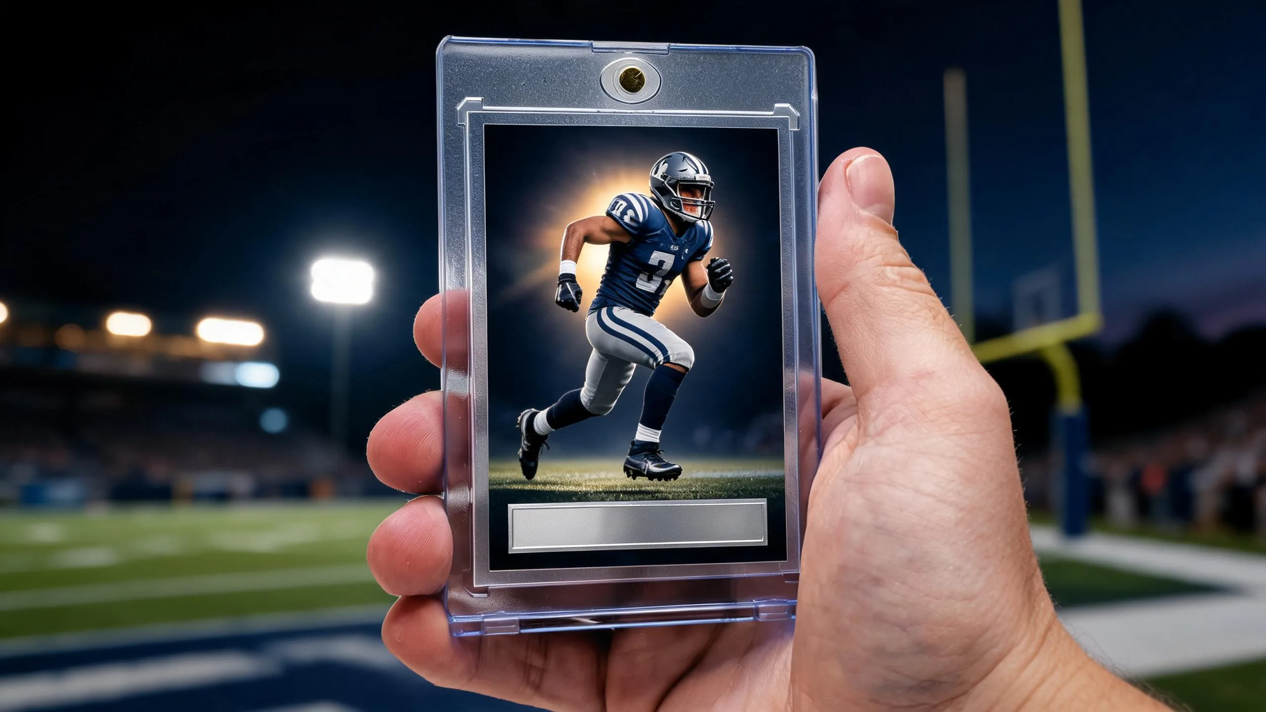Design your own football card in a magnetic case, held up before glowing stadium lights.