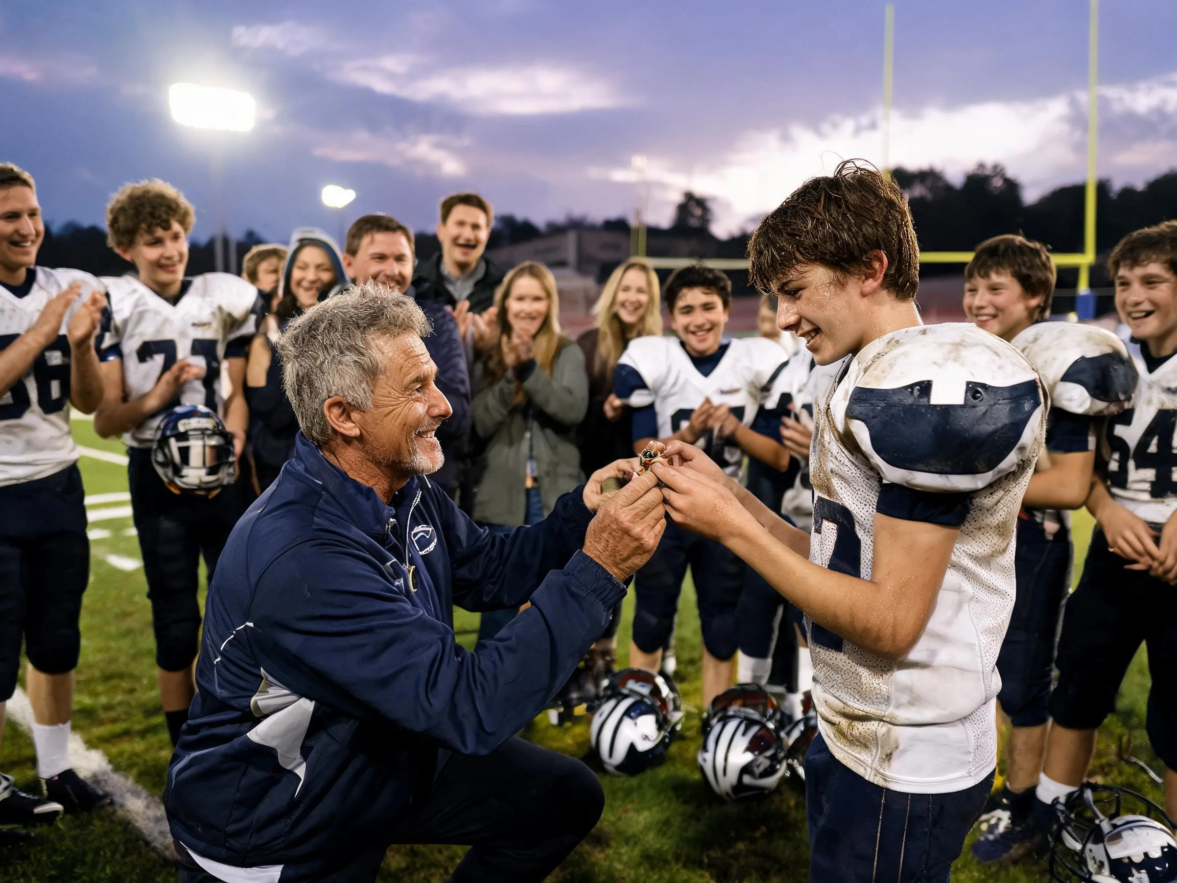 Coach and young athlete share a proud moment under Friday night stadium lights.