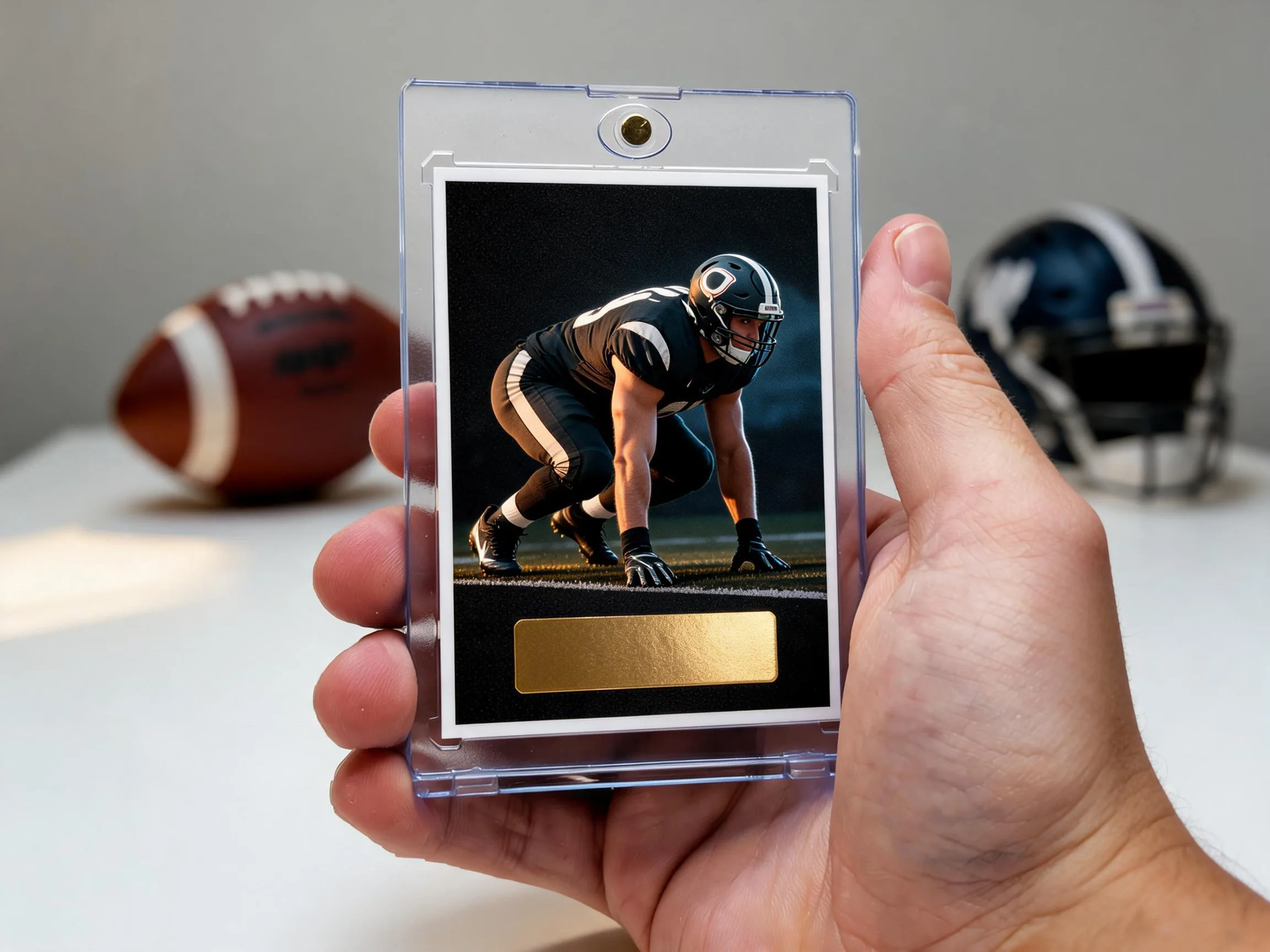 Custom football trading card in a magnetic case displayed on a tabletop.