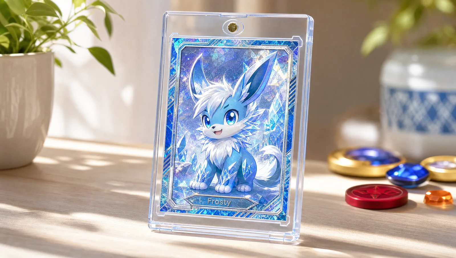 Custom design your own pokemon card shown in a clear magnetic display case