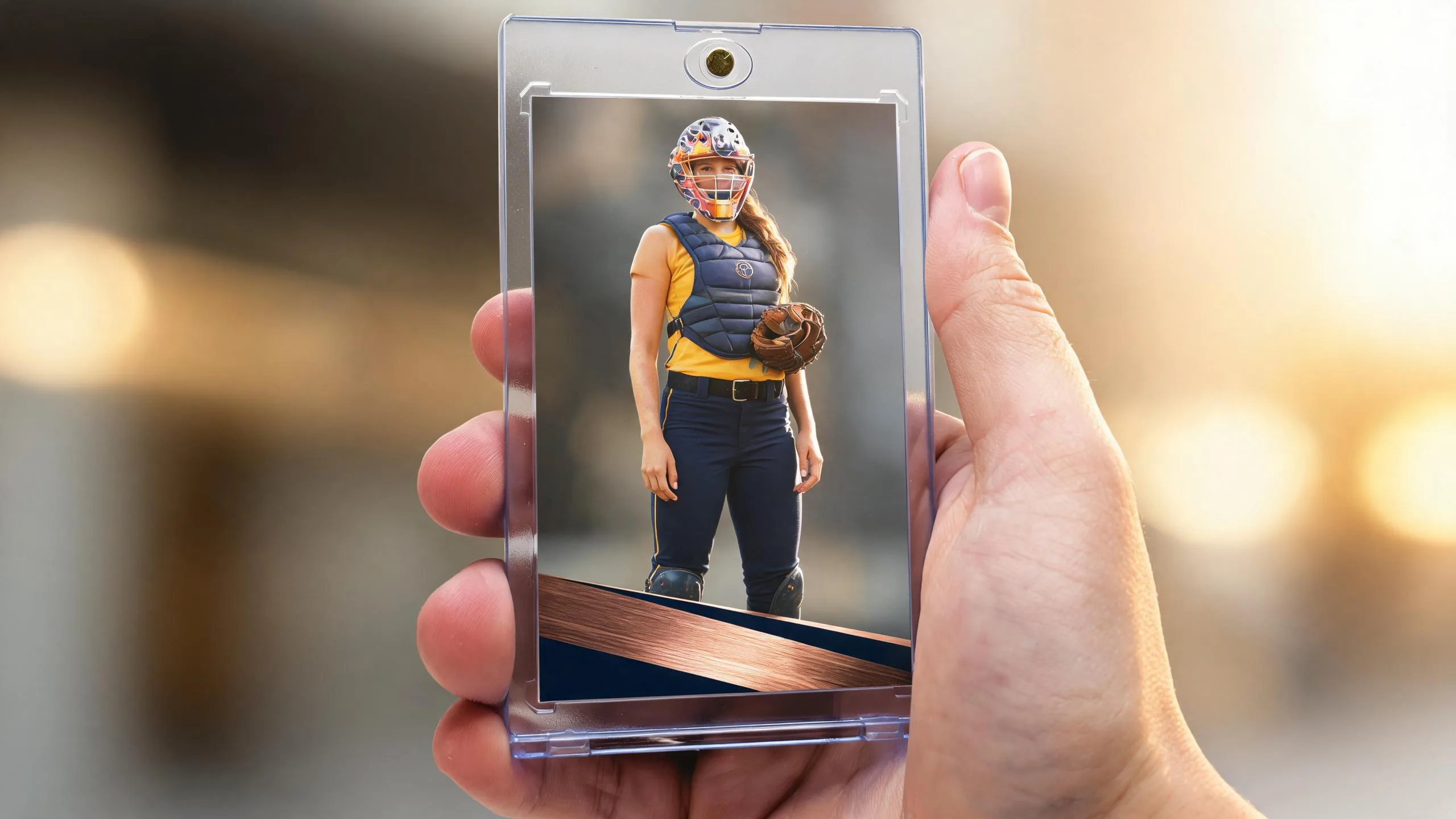 Hand holding a magnetic case to design your own sports card with custom athlete artwork