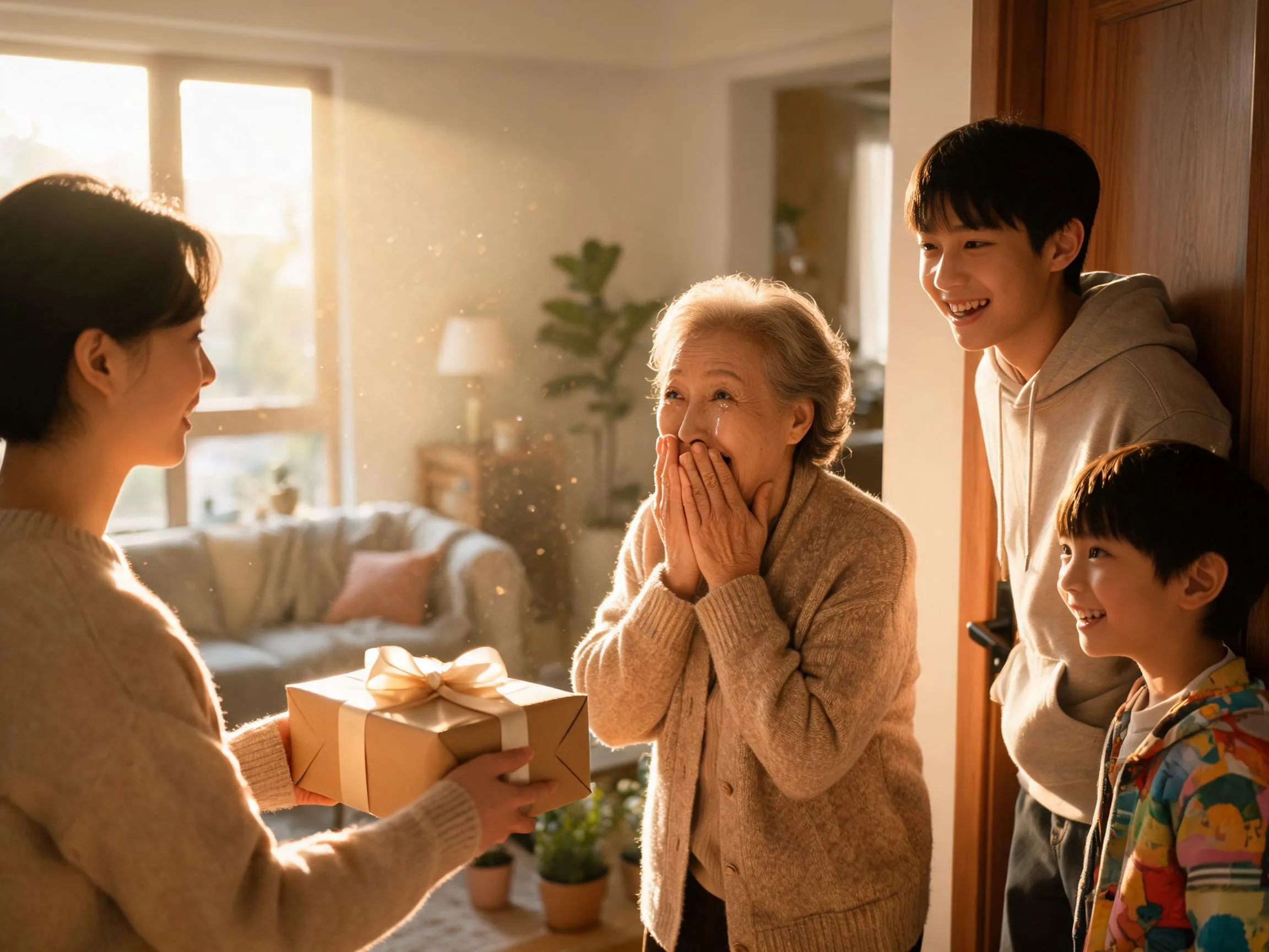 Family member reacting with joyful surprise to an unexpected heartfelt gift indoors
