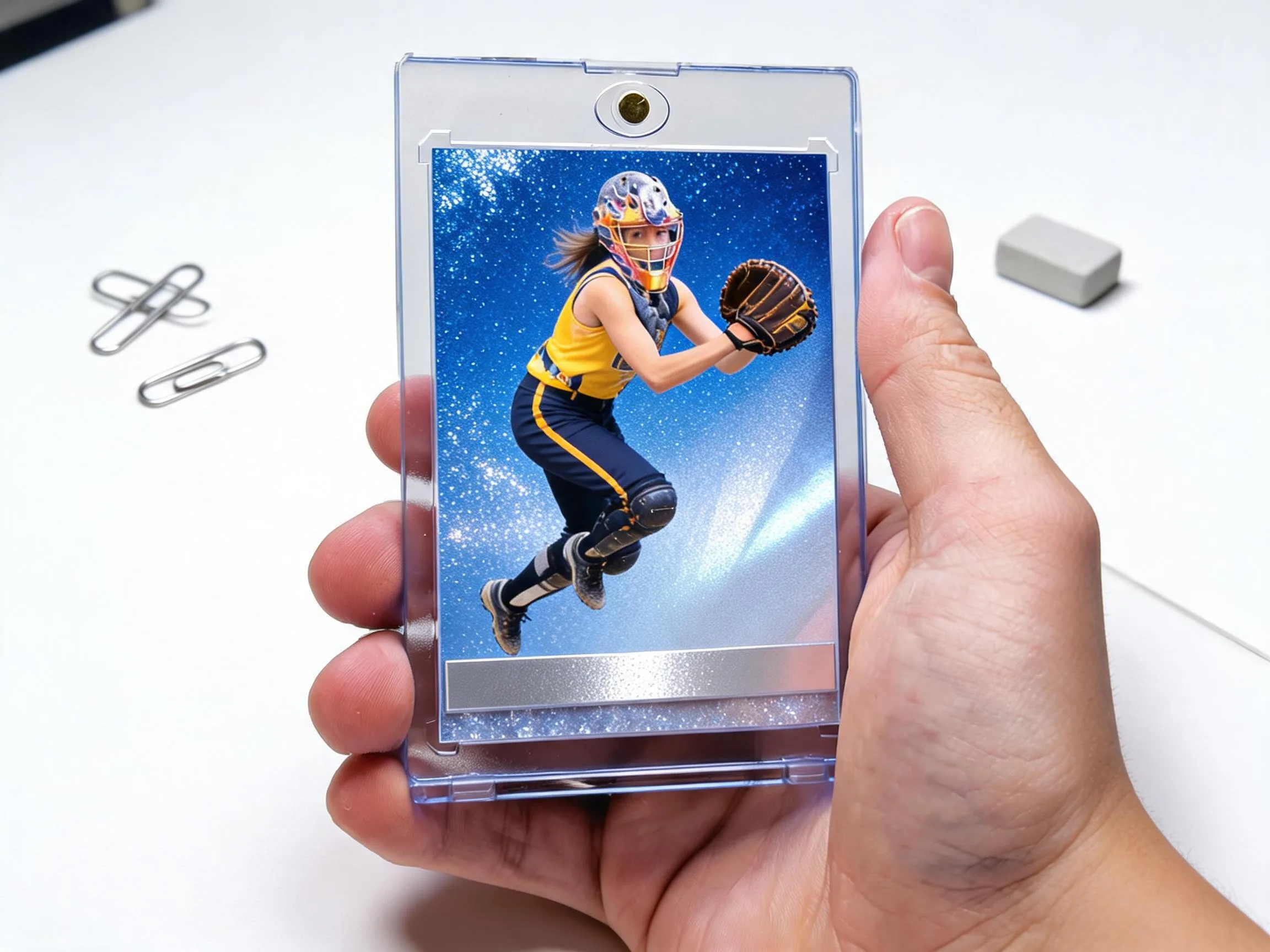Custom keepsake trading card of an athlete in a clear magnetic display case