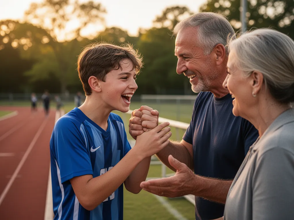Coach and parent congratulating young athlete after successful sporting moment