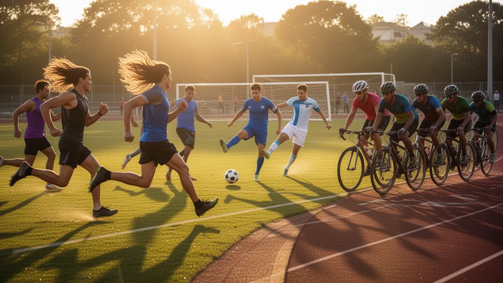 Multiple athletes competing simultaneously in various outdoor sports with natural lighting and motion blur