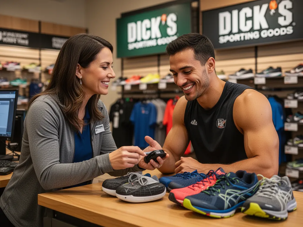 Store employee helping customer examine sports gear with friendly professional service and genuine engagement
