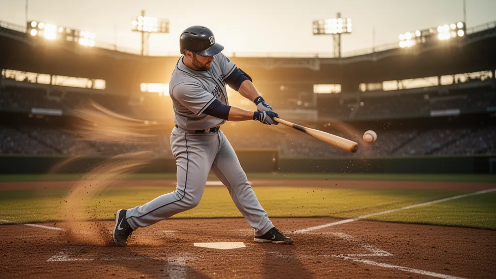 Baseball player swinging bat mid-game with dynamic motion and stadium lighting in background