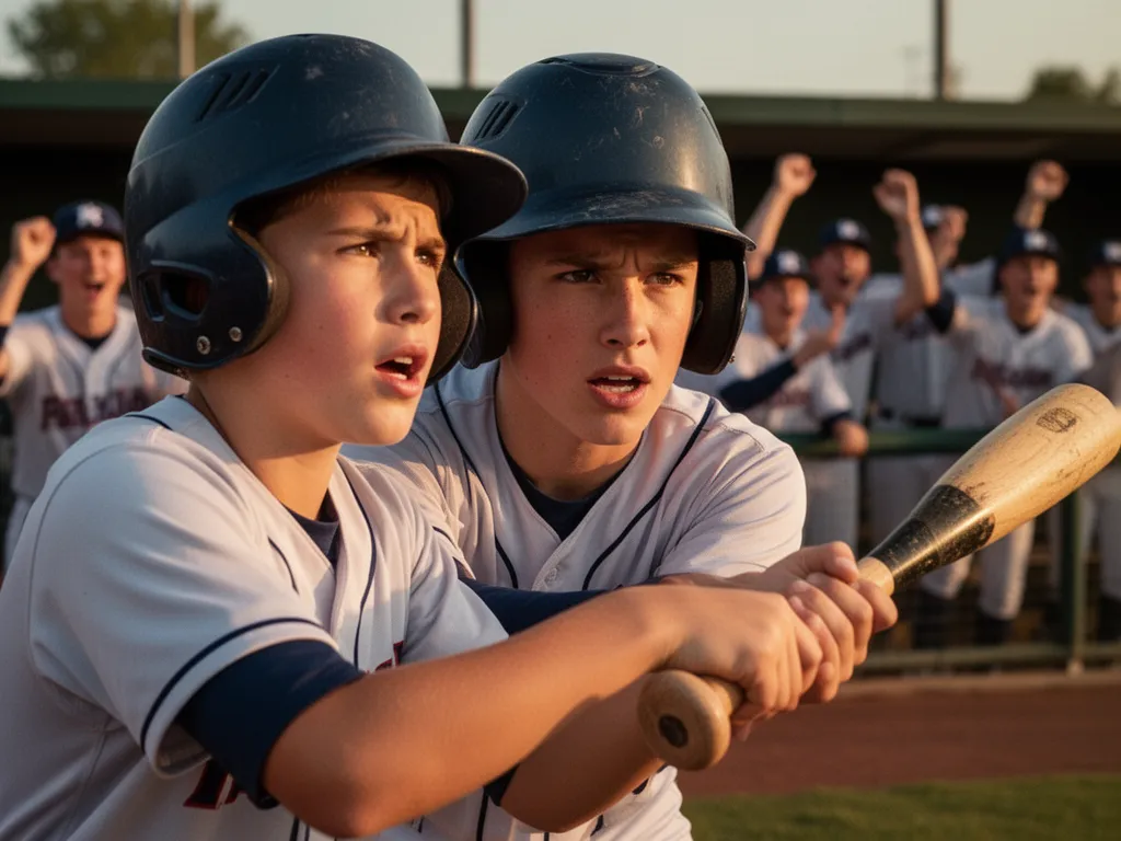 Young player in helmet showing focused determination with teammates celebrating in blurred dugout background