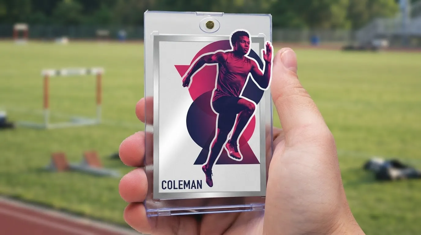 Hand holding magnetic case with duotone digital birth announcement sports card featuring sprinter graphic.