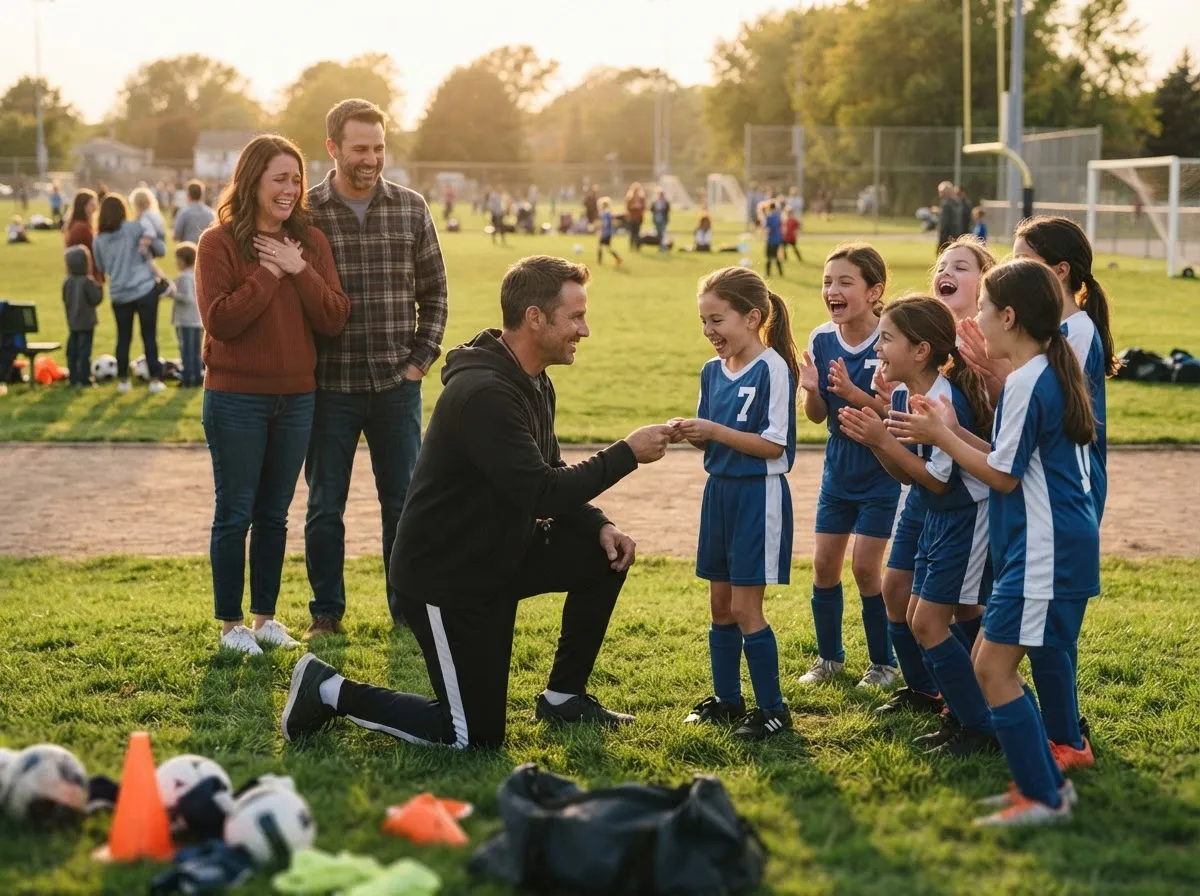 Coach and teammates celebrating with young athlete on sunny sports field, parents watching proudly.