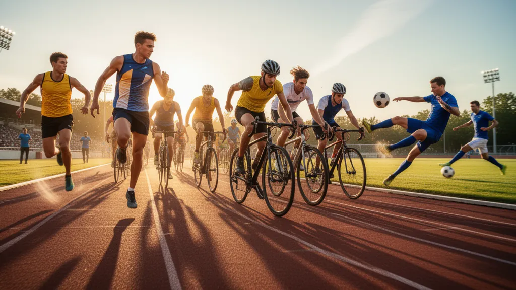 Multiple athletes from different sports competing dynamically outdoors in natural golden sunlight