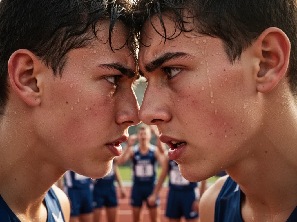 Young athlete's focused face during competition with celebrating supporters blurred in background