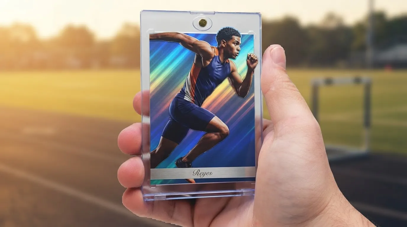 Hand holding magnetic case with a golden-hour digital trading card of a sprinting athlete.