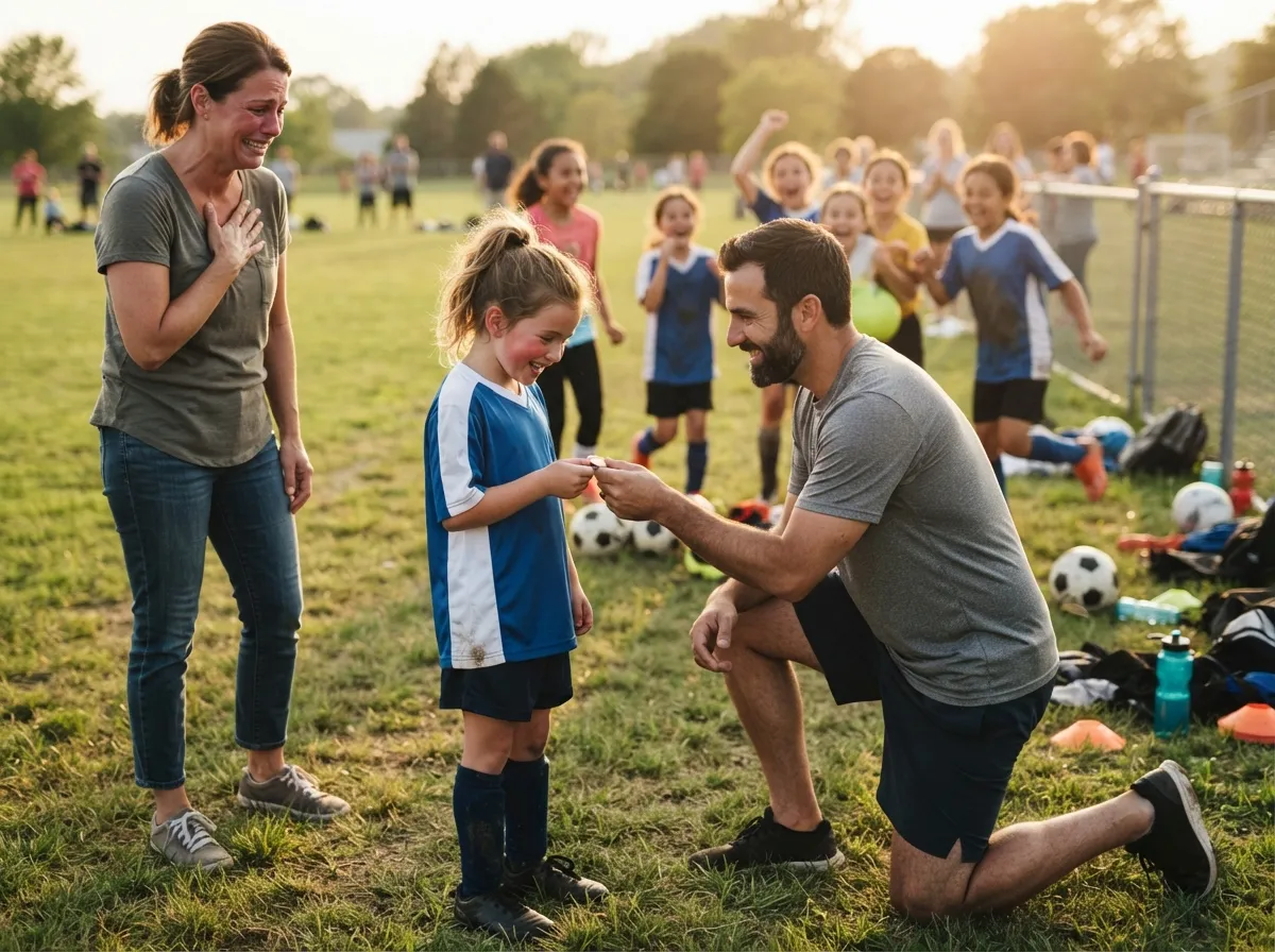 Coach and proud parent share an emotional moment with a young athlete outdoors.