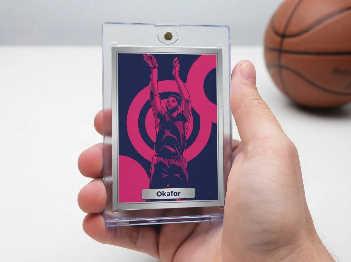 Magnetic case displaying a duotone custom sports trading card of a basketball player.