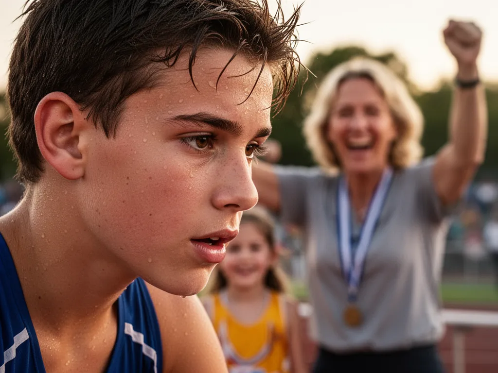 Young athlete's determined face during competition with proud family member celebrating in blurred background
