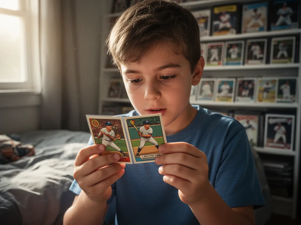[Young collector examining vintage baseball card with careful hands, soft natural lighting]