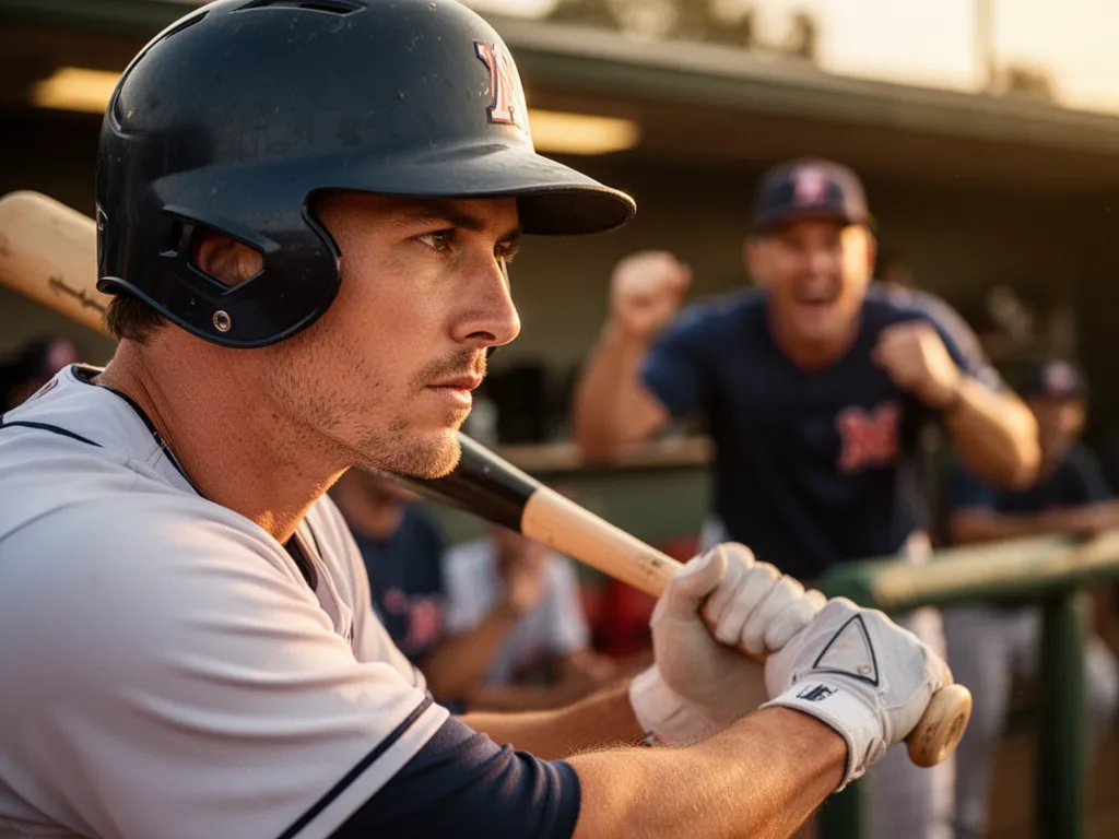 Baseball player concentrating at bat with coach support visible in blurred background