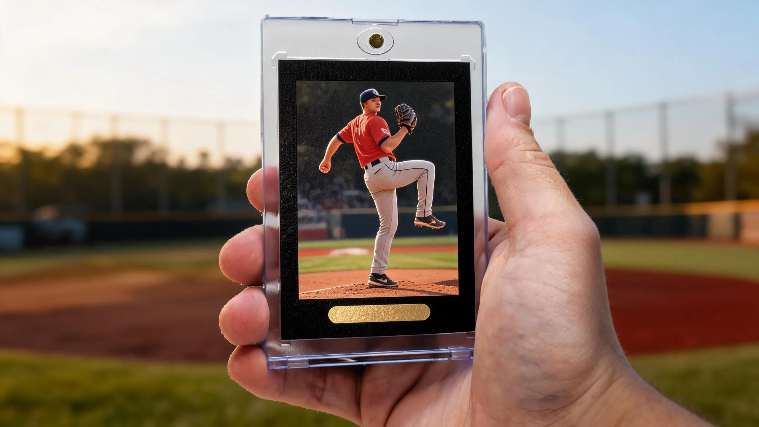Hand holding a diy baseball card in a magnetic case, pitcher card, golden-hour diamond background.