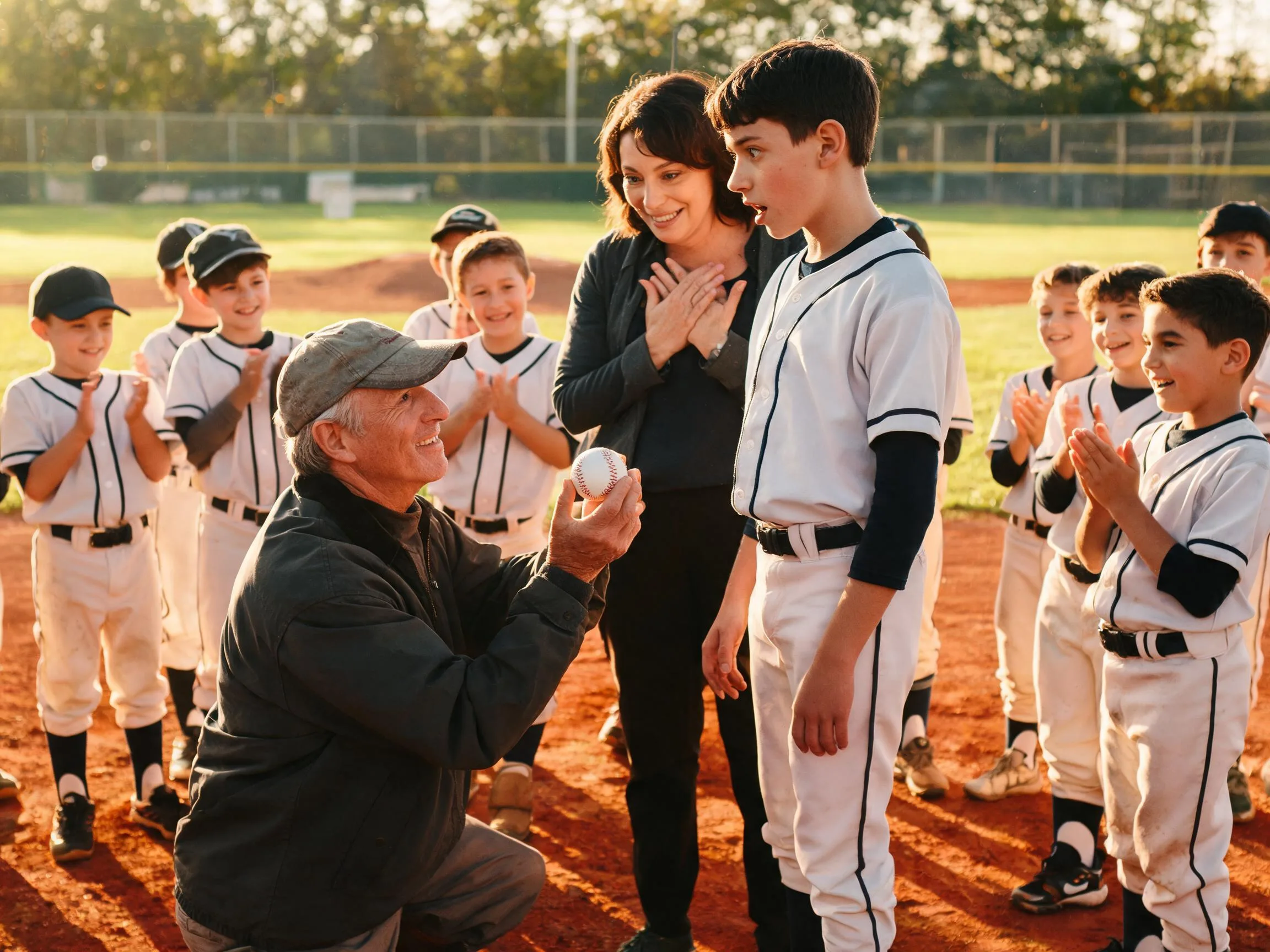 Coach and proud parent celebrate with young athlete on a sunlit baseball field.