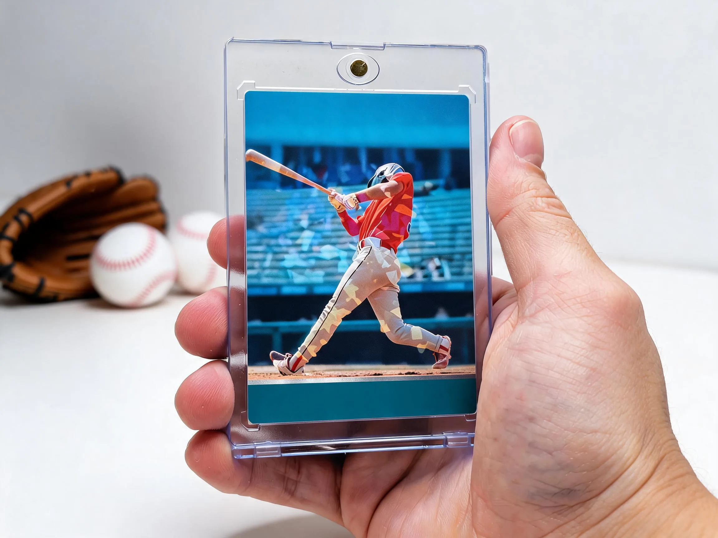 Custom baseball trading card in a clear magnetic case standing on white tabletop.