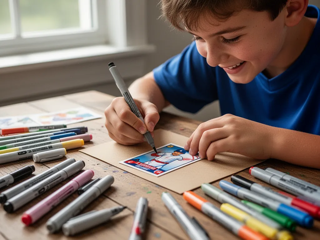 Young person's hands decorating a handmade baseball card with markers and art supplies.