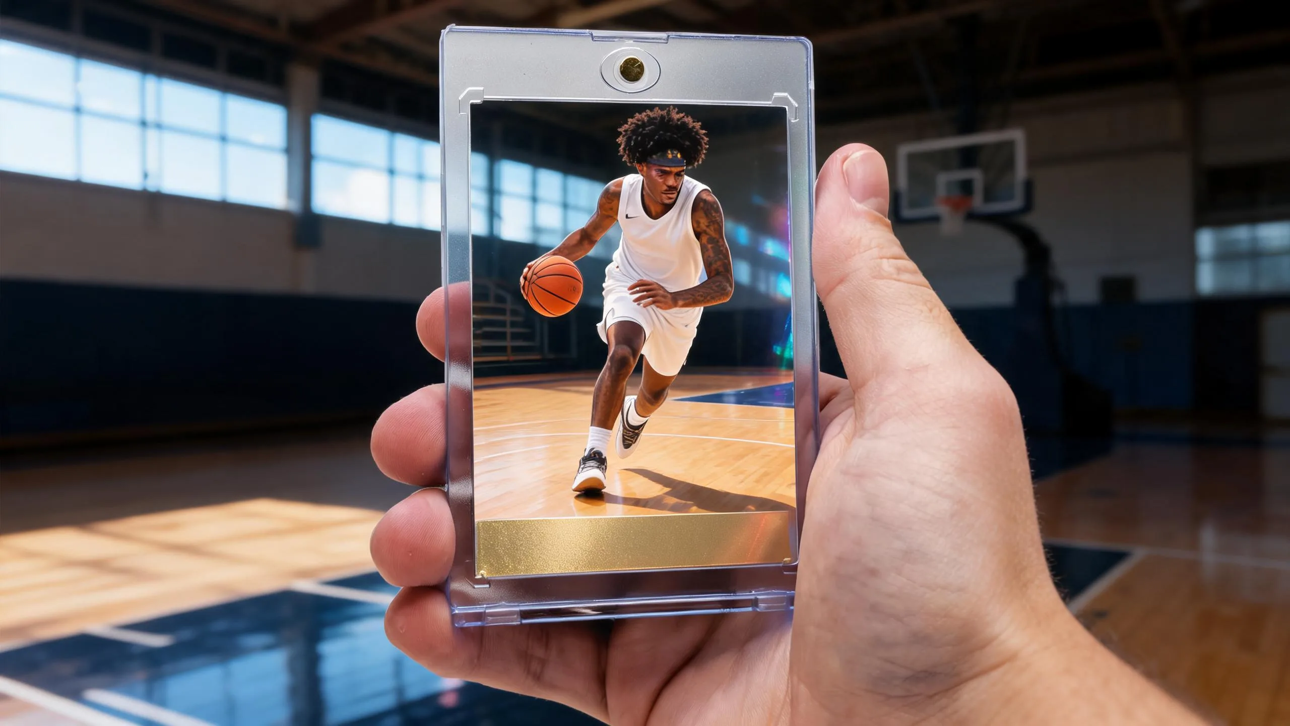 Hand holding a diy basketball card in a magnetic case, chrome finish, sunny gymnasium background.